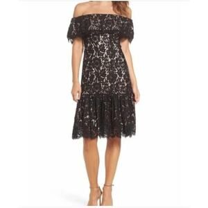 Eliza J Black Lace Off Shoulder Dress Nude Lining Flounce Hem